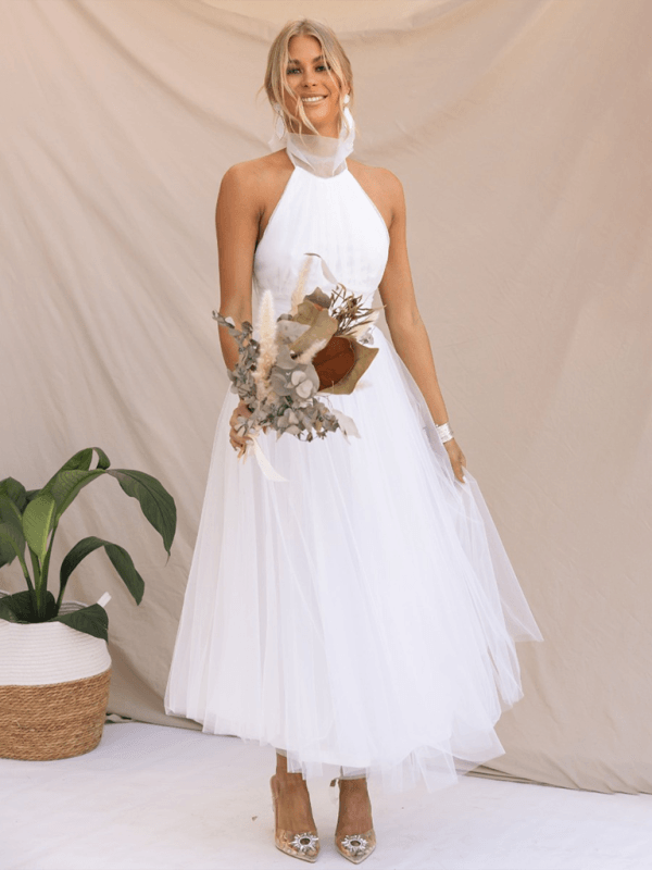 Robe Midi Col Halter et Col en Mesh pour Femmes