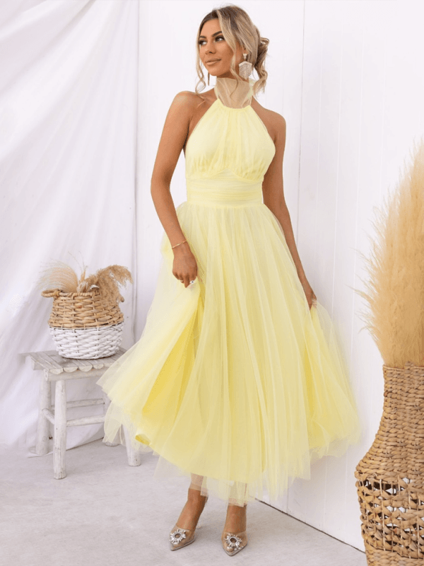 Robe Midi Col Halter et Col en Mesh pour Femmes