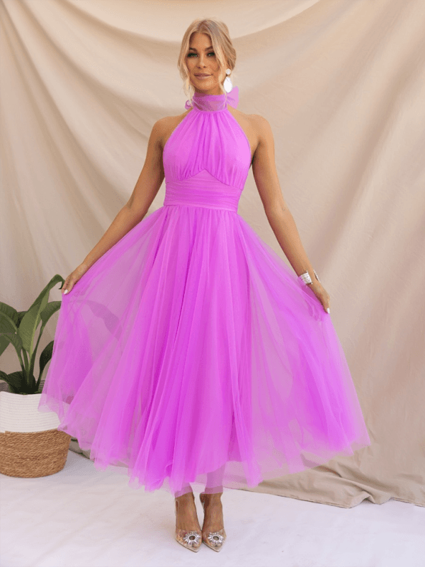 Robe Midi Col Halter en Mesh pour Femmes