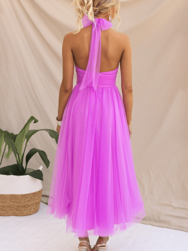 Robe Midi Col Halter et Col en Mesh pour Femmes