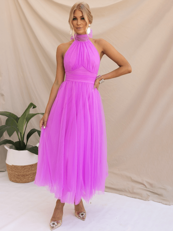 Robe Midi Col Halter et Col en Mesh pour Femmes