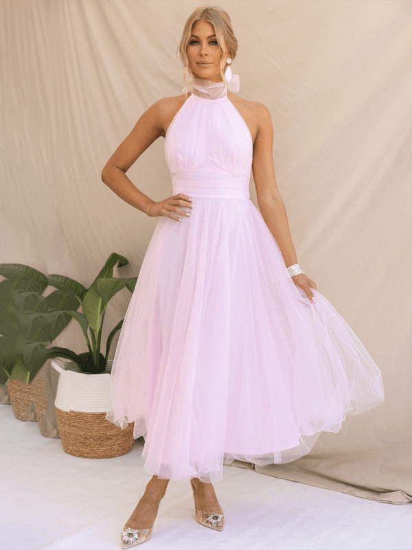 Robe Midi Col Halter et Col en Mesh pour Femmes