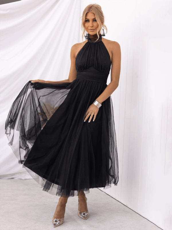 Robe Midi Col Halter et Col en Mesh pour Femmes