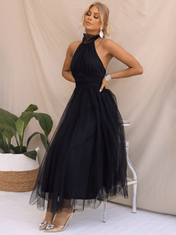 Robe Midi Col Halter et Col en Mesh pour Femmes