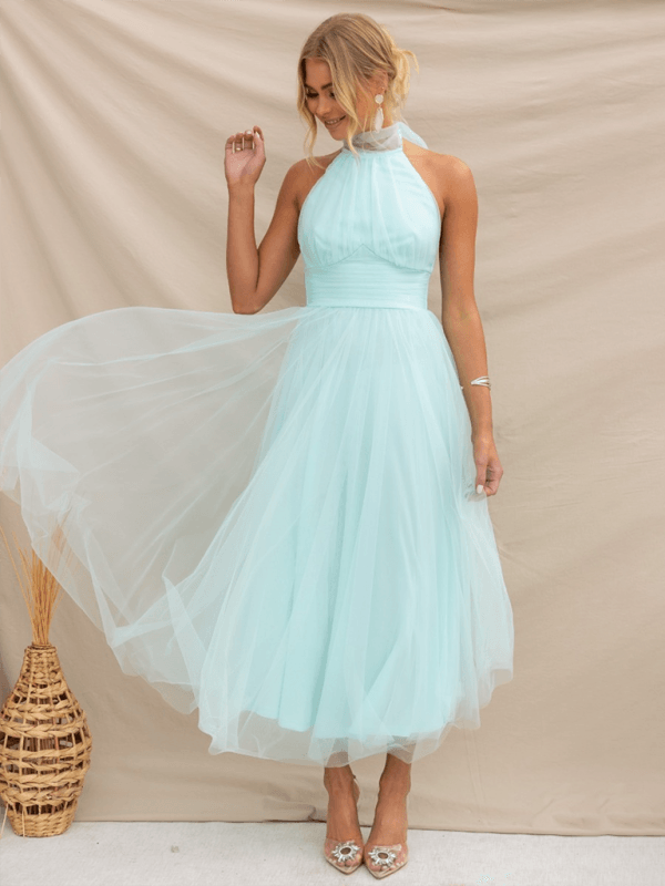 Robe Midi Col Halter et Col en Mesh pour Femmes