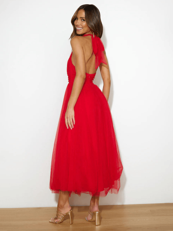 Robe Midi Col Halter et Col en Mesh pour Femmes
