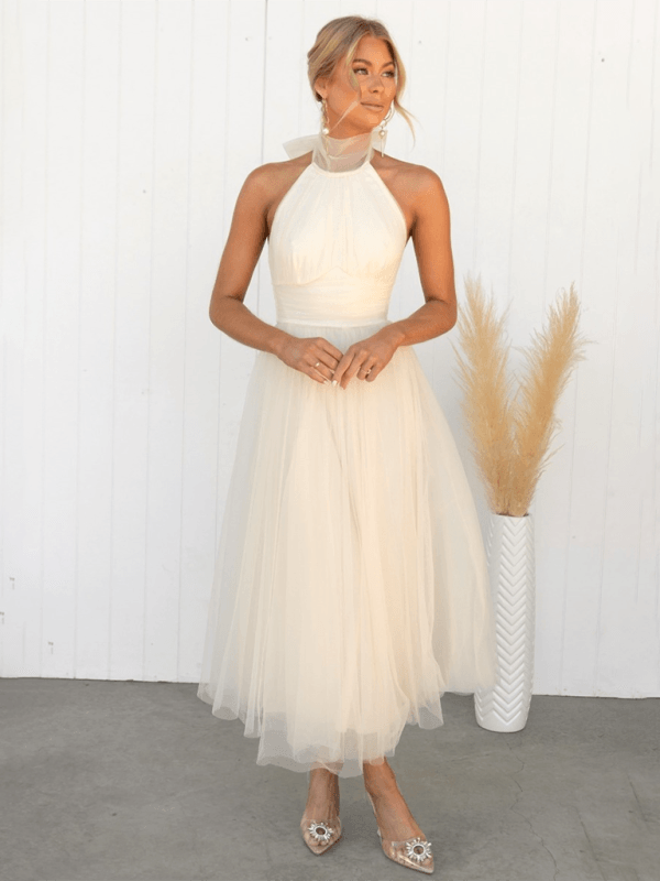 Robe Midi Col Halter et Col en Mesh pour Femmes