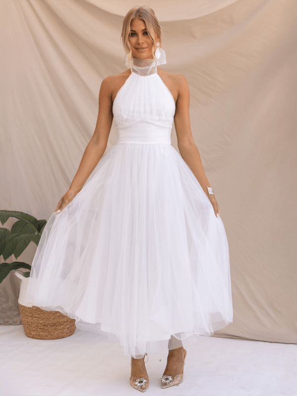Robe Midi Col Halter et Col en Mesh pour Femmes