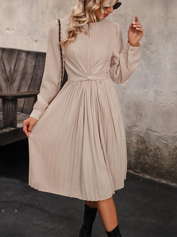 Robe Midi Jupe Plissée et Manches Longues pour Femmes