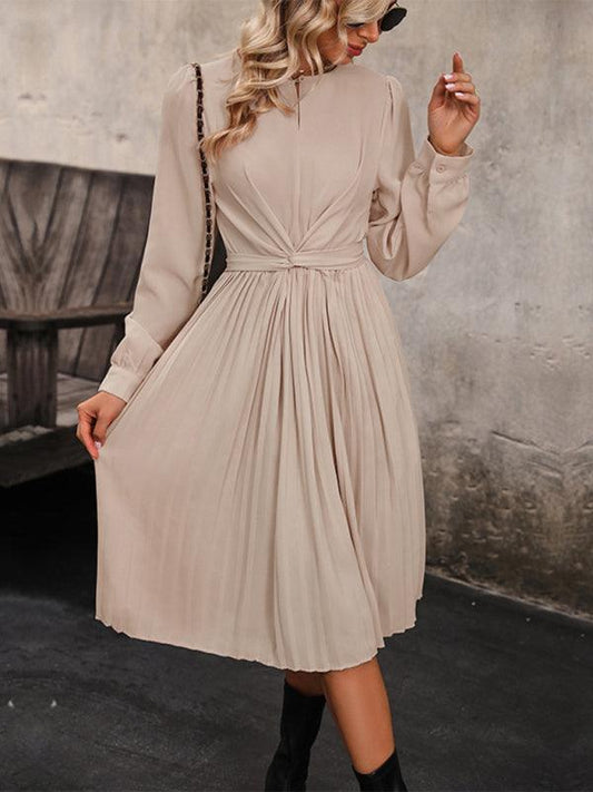 Robe Midi Jupe Plissée et Manches Longues pour Femmes