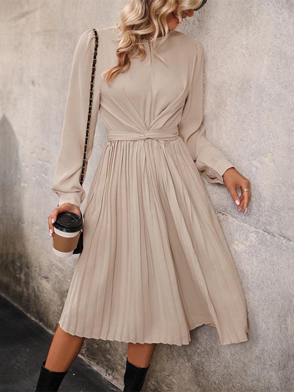 Robe Midi Jupe Plissée et Manches Longues pour Femmes