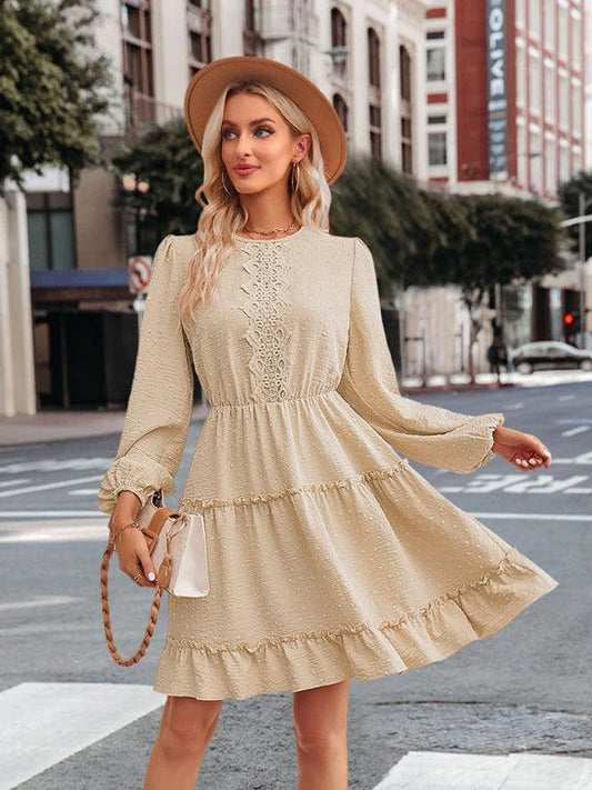 Robe Midi Col Rond et Volants pour Femmes