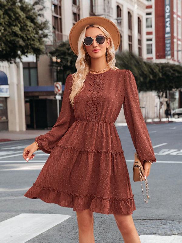 Robe Midi Col Rond et Volants pour Femmes