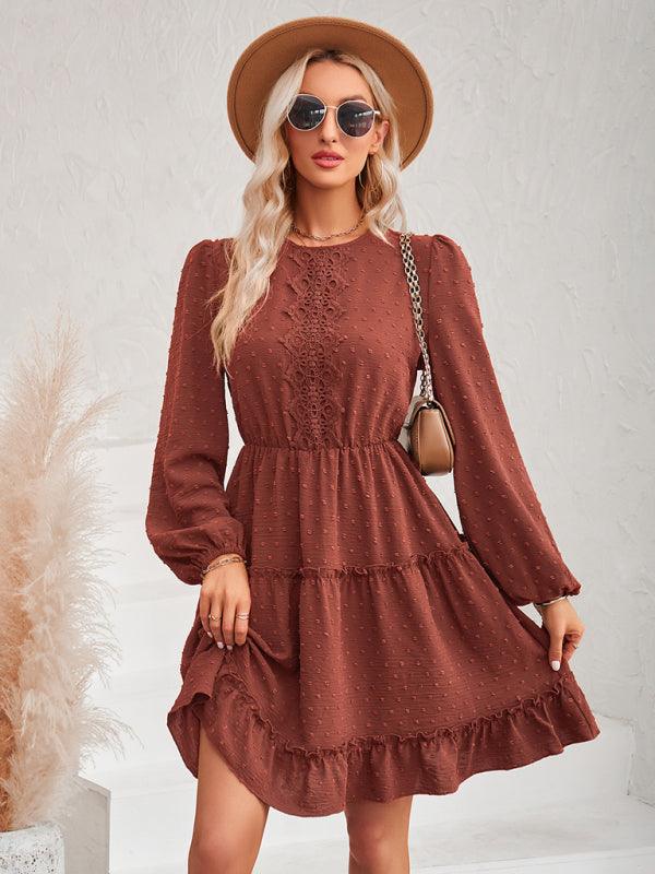 Robe Midi Col Rond et Volants pour Femmes
