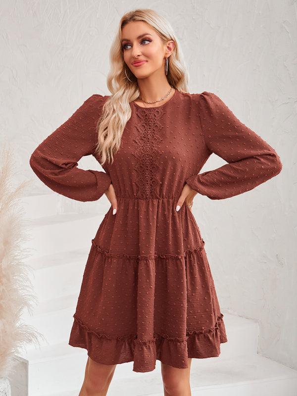 Robe Midi Col Rond et Volants pour Femmes