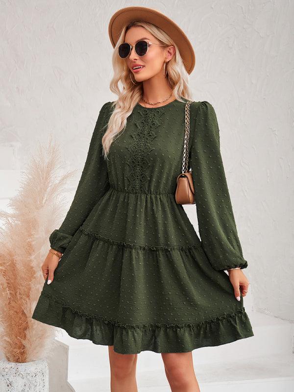 Robe Midi Col Rond et Volants pour Femmes