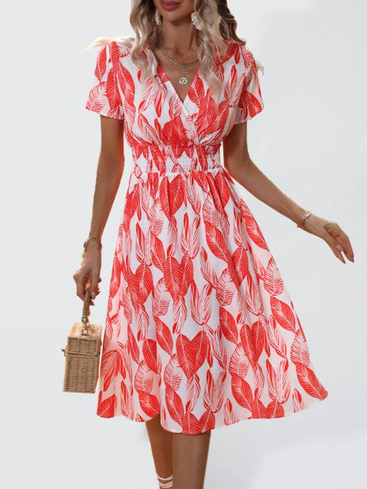 Robe Midi Décolleté en V Imprimé Feuilles pour Femmes
