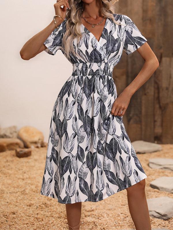 Robe Midi Décolleté en V Imprimé Feuilles pour Femmes