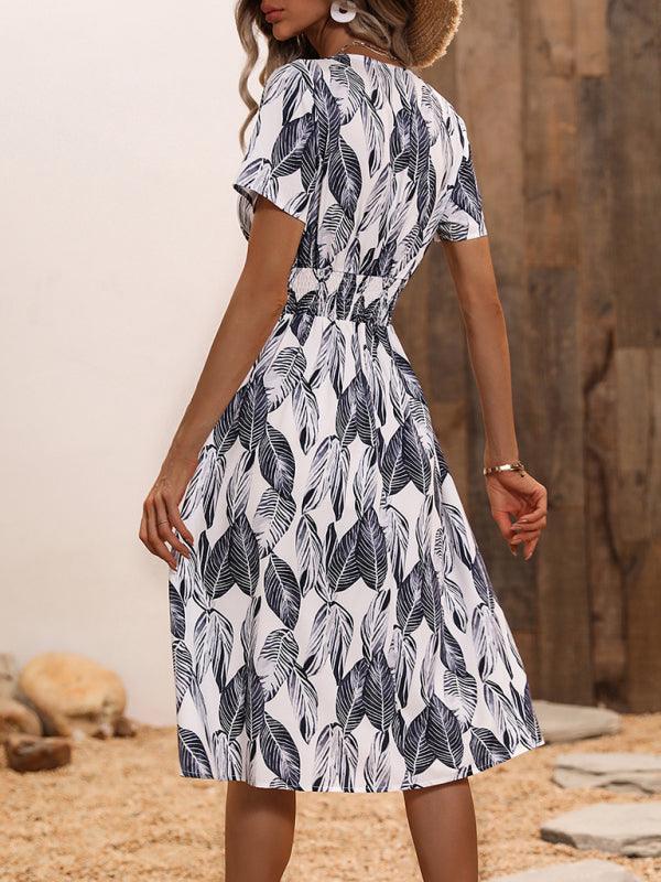 Robe Midi Décolleté en V Imprimé Feuilles pour Femmes