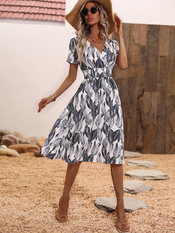 Robe Midi Décolleté en V Imprimé Feuilles pour Femmes
