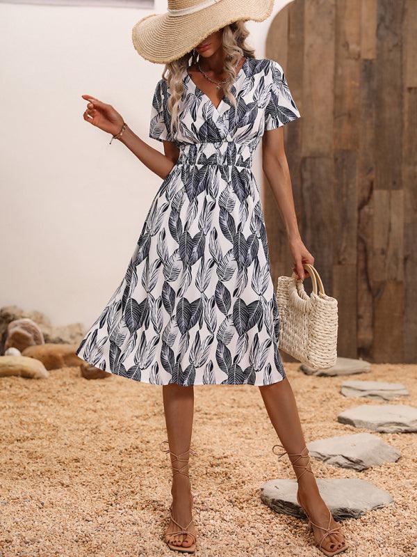 Robe Midi Décolleté en V Imprimé Feuilles pour Femmes