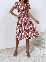 Robe Midi Décolleté en V Imprimé Feuilles pour Femmes