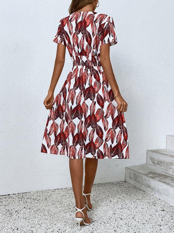 Robe Midi Décolleté en V Imprimé Feuilles pour Femmes