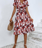 Robe Midi Décolleté en V Imprimé Feuilles pour Femmes