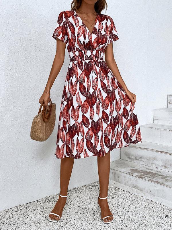Robe Midi Décolleté en V Imprimé Feuilles pour Femmes