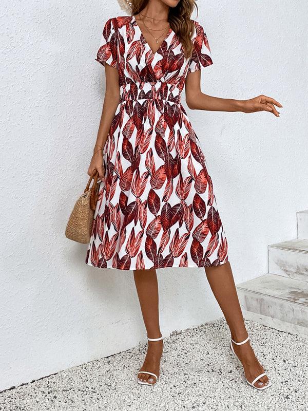 Robe Midi Décolleté en V Imprimé Feuilles pour Femmes