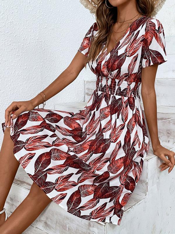 Robe Midi Décolleté en V Imprimé Feuilles pour Femmes