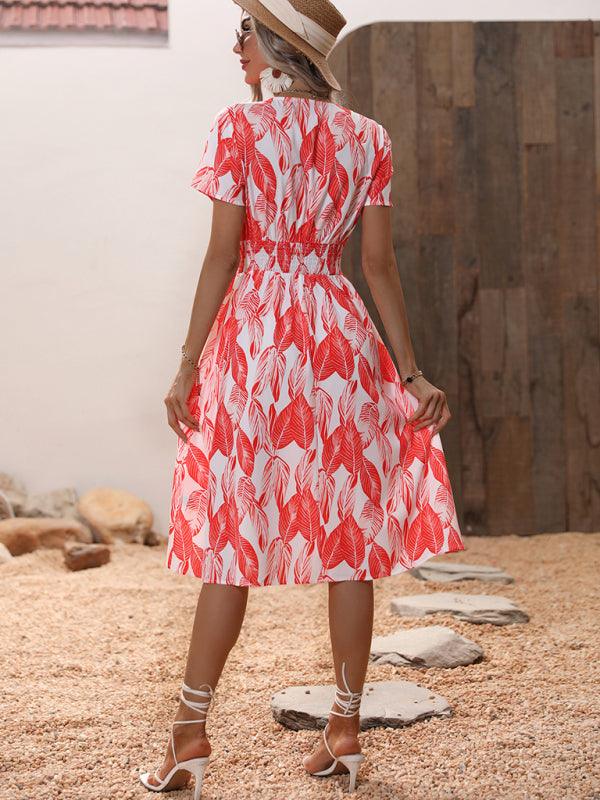 Robe Midi Décolleté en V Imprimé Feuilles pour Femmes
