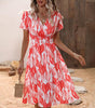 Robe Midi Décolleté en V Imprimé Feuilles pour Femmes