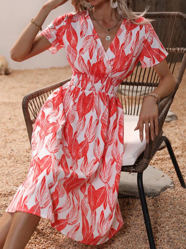 Robe Midi Décolleté en V Imprimé Feuilles pour Femmes