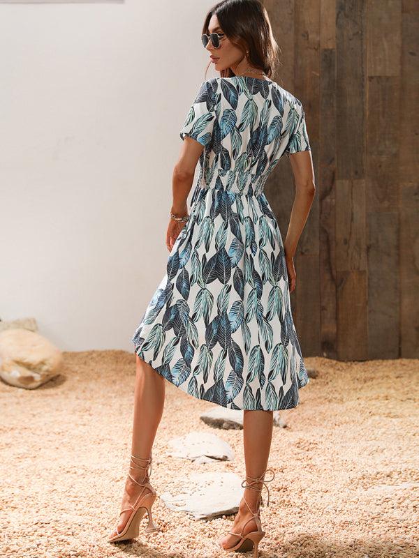 Robe Midi Décolleté en V Imprimé Feuilles pour Femmes