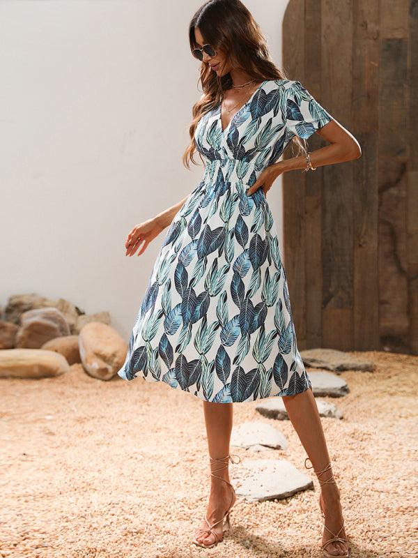 Robe Midi Décolleté en V Imprimé Feuilles pour Femmes