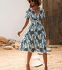 Robe Midi Décolleté en V Imprimé Feuilles pour Femmes
