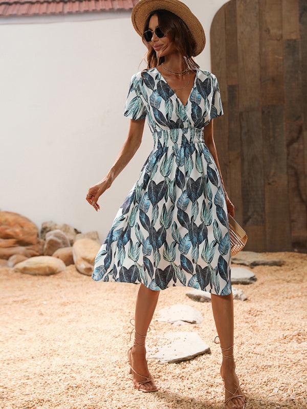 Robe Midi Décolleté en V Imprimé Feuilles pour Femmes