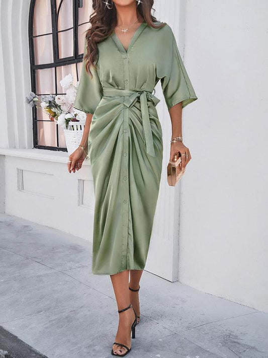 Robe Midi Décolleté en V avec Ceinture à Nœud pour Femmes