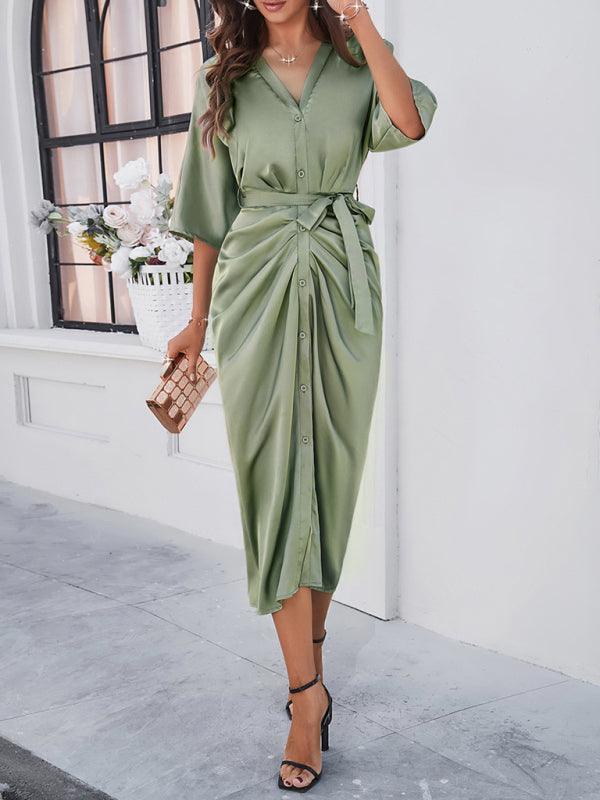 Robe Midi Décolleté en V avec Ceinture à Nœud pour Femmes