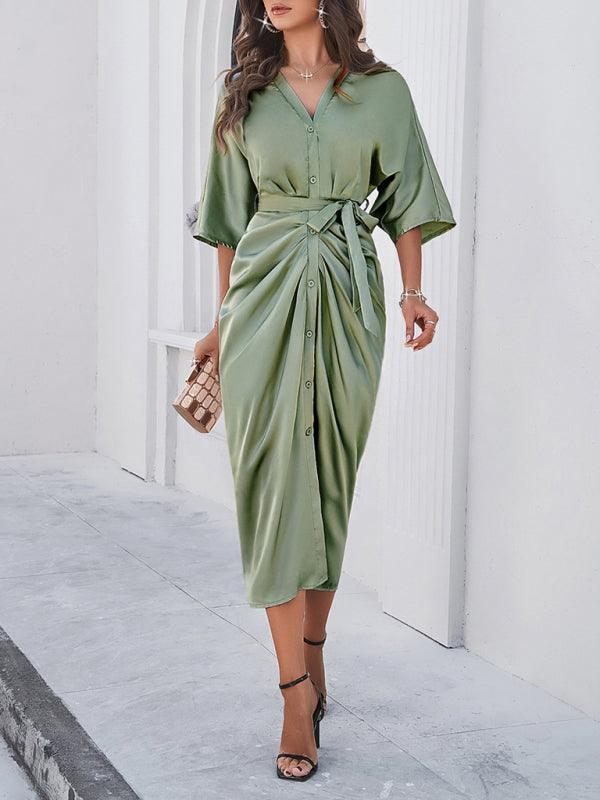 Robe Midi Décolleté en V avec Ceinture à Nœud pour Femmes