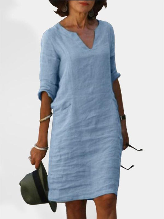 Robe Midi Col V Couleur Unie pour Femmes