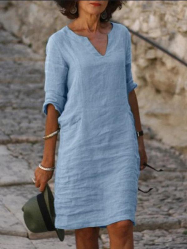 Robe Midi Col V Couleur Unie pour Femmes