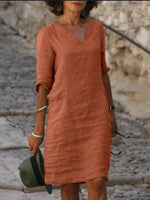 Robe Midi Col V Couleur Unie pour Femmes