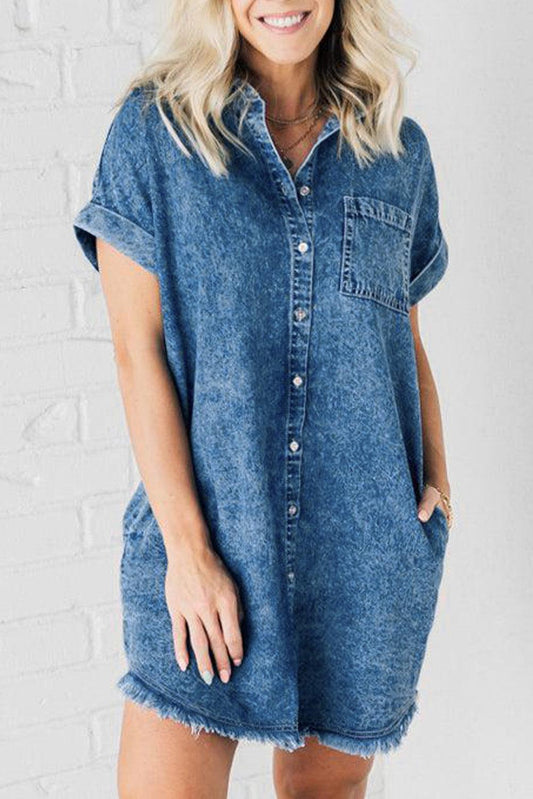 Robe en Denim Lavée avec Franges pour Femmes