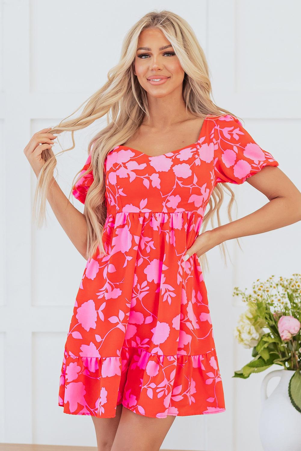 Robe Mini Imprimée Fleurs Volants pour Femmes