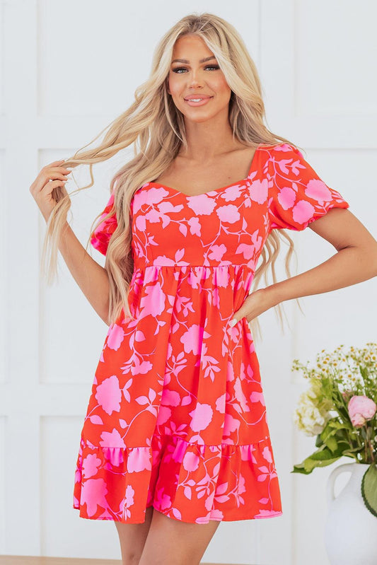 Robe Mini Imprimée Fleurs Volants pour Femmes
