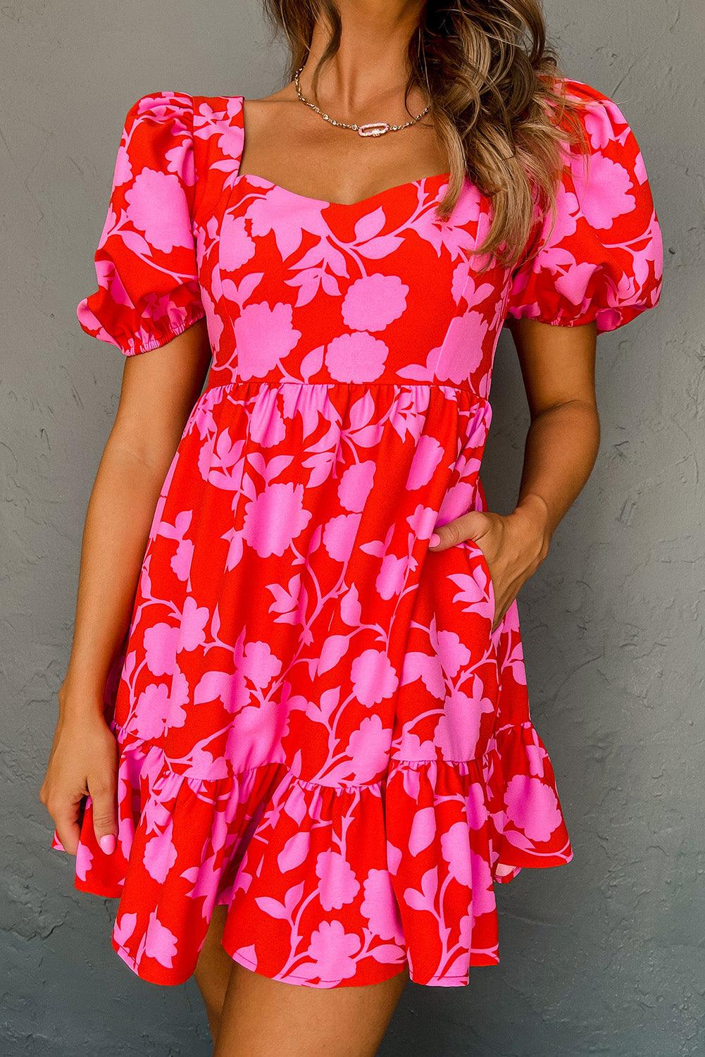 Robe Mini Imprimée Fleurs Volants pour Femmes