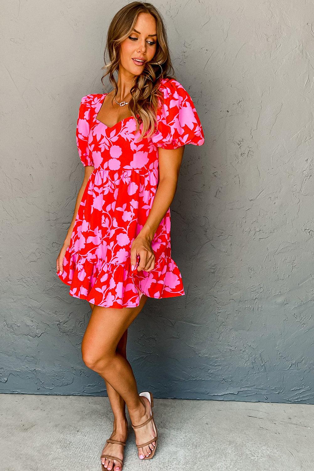 Robe Mini Imprimée Fleurs Volants pour Femmes