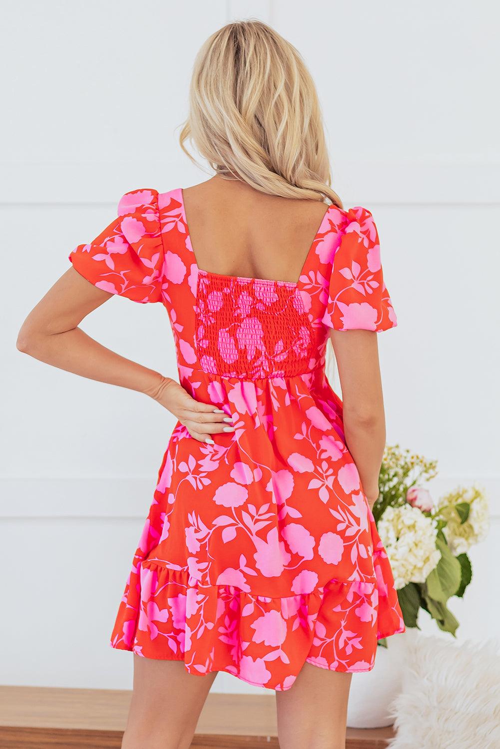 Robe Mini Imprimée Fleurs Volants pour Femmes